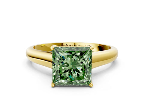 Yellow gold Fancy Green Princess Cut Cut Diamond Solitaire Engagement Ring with Tapered Plain Band and Four-Prong Setting