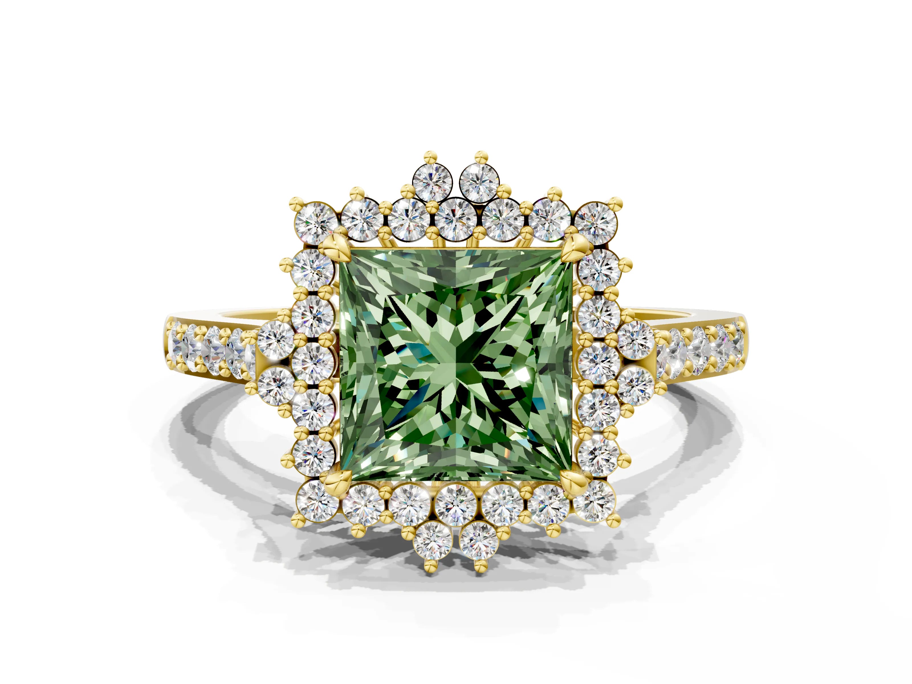 Yellow gold Fancy Green Princess Cut Cut Diamond Sunburst Halo Engagement Ring with Pavé Band