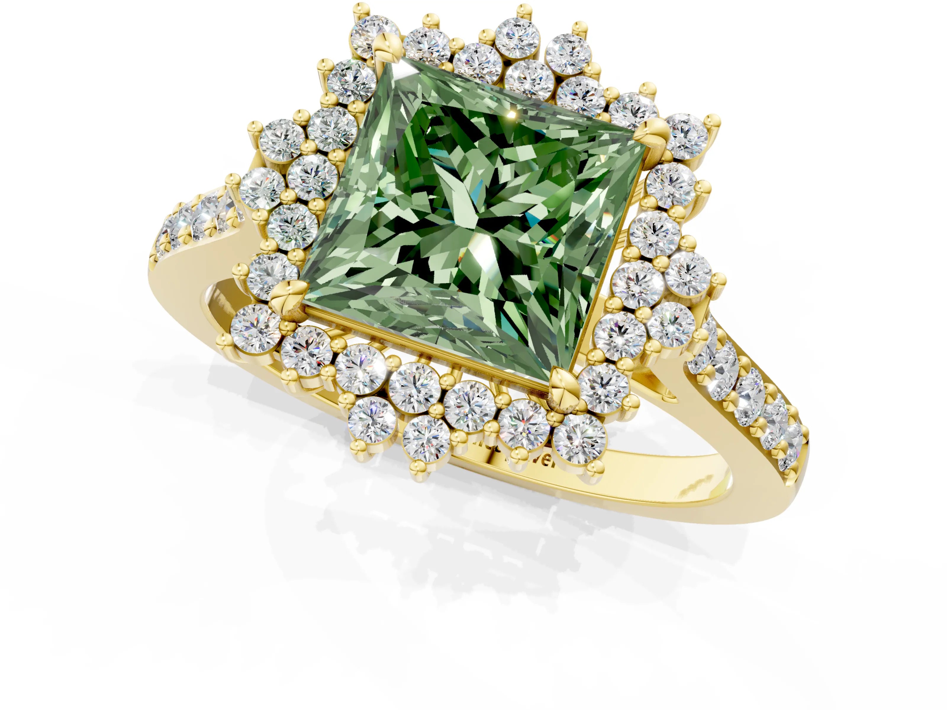 Yellow gold Fancy Green Princess Cut Cut Diamond Sunburst Halo Engagement Ring with Pavé Band_1