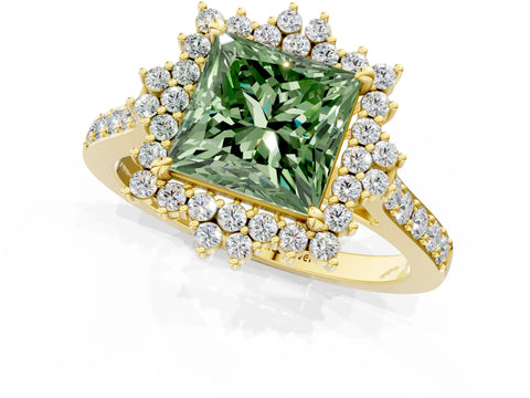Yellow gold Fancy Green Princess Cut Cut Diamond Sunburst Halo Engagement Ring with Pavé Band_1