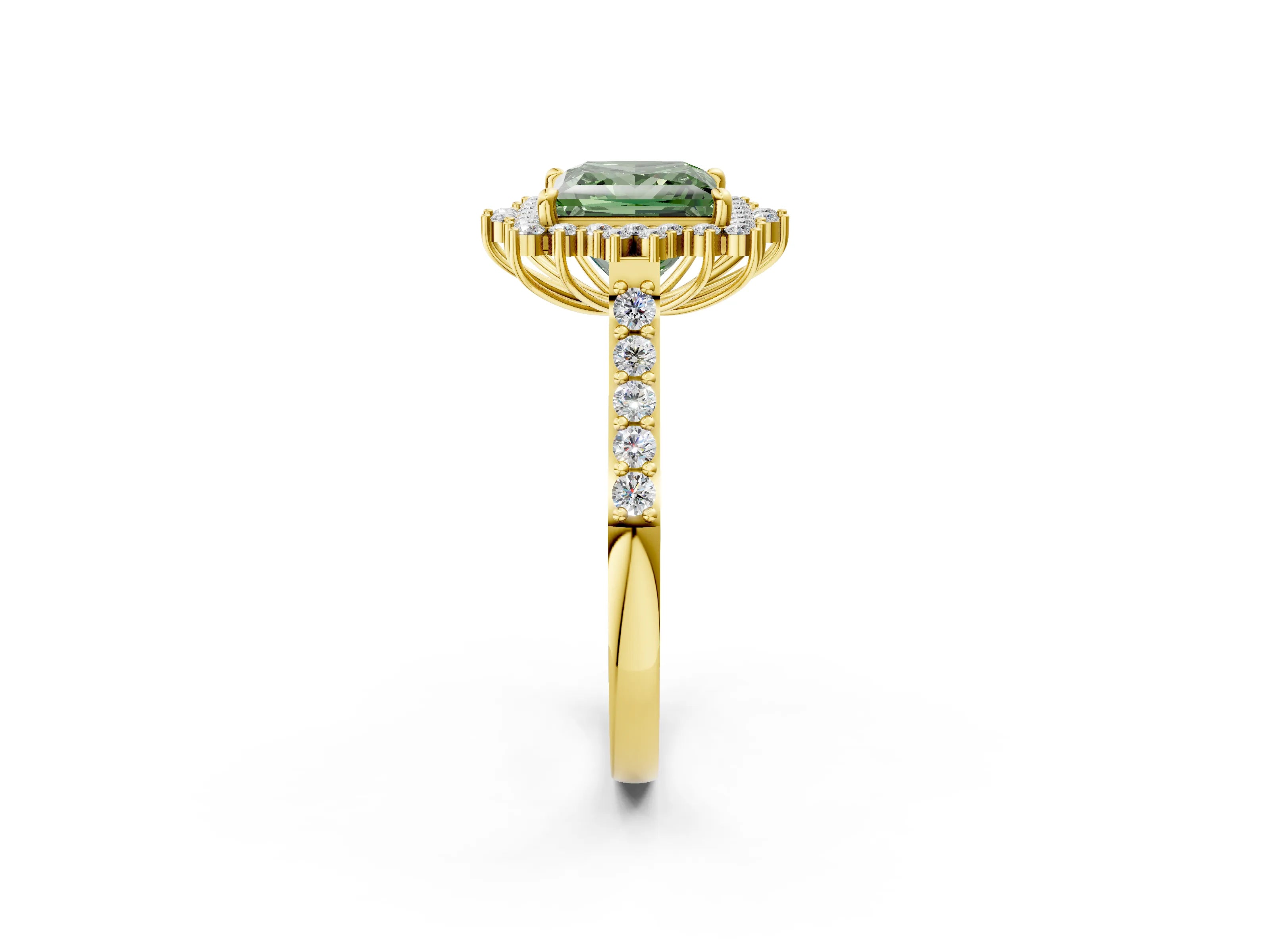 Yellow gold Fancy Green Princess Cut Cut Diamond Sunburst Halo Engagement Ring with Pavé Band_2