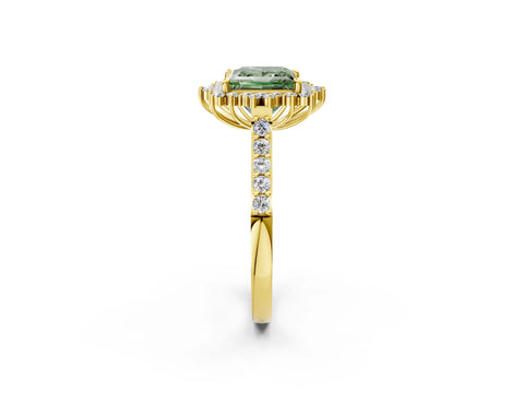 Yellow gold Fancy Green Princess Cut Cut Diamond Sunburst Halo Engagement Ring with Pavé Band_2