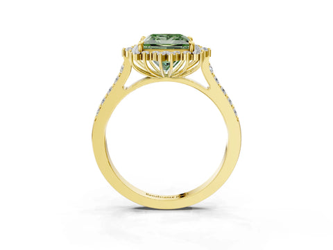 Yellow gold Fancy Green Princess Cut Cut Diamond Sunburst Halo Engagement Ring with Pavé Band_3