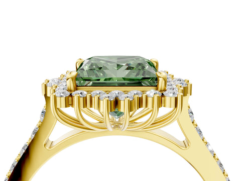 Yellow gold Fancy Green Princess Cut Cut Diamond Sunburst Halo Engagement Ring with Pavé Band_4