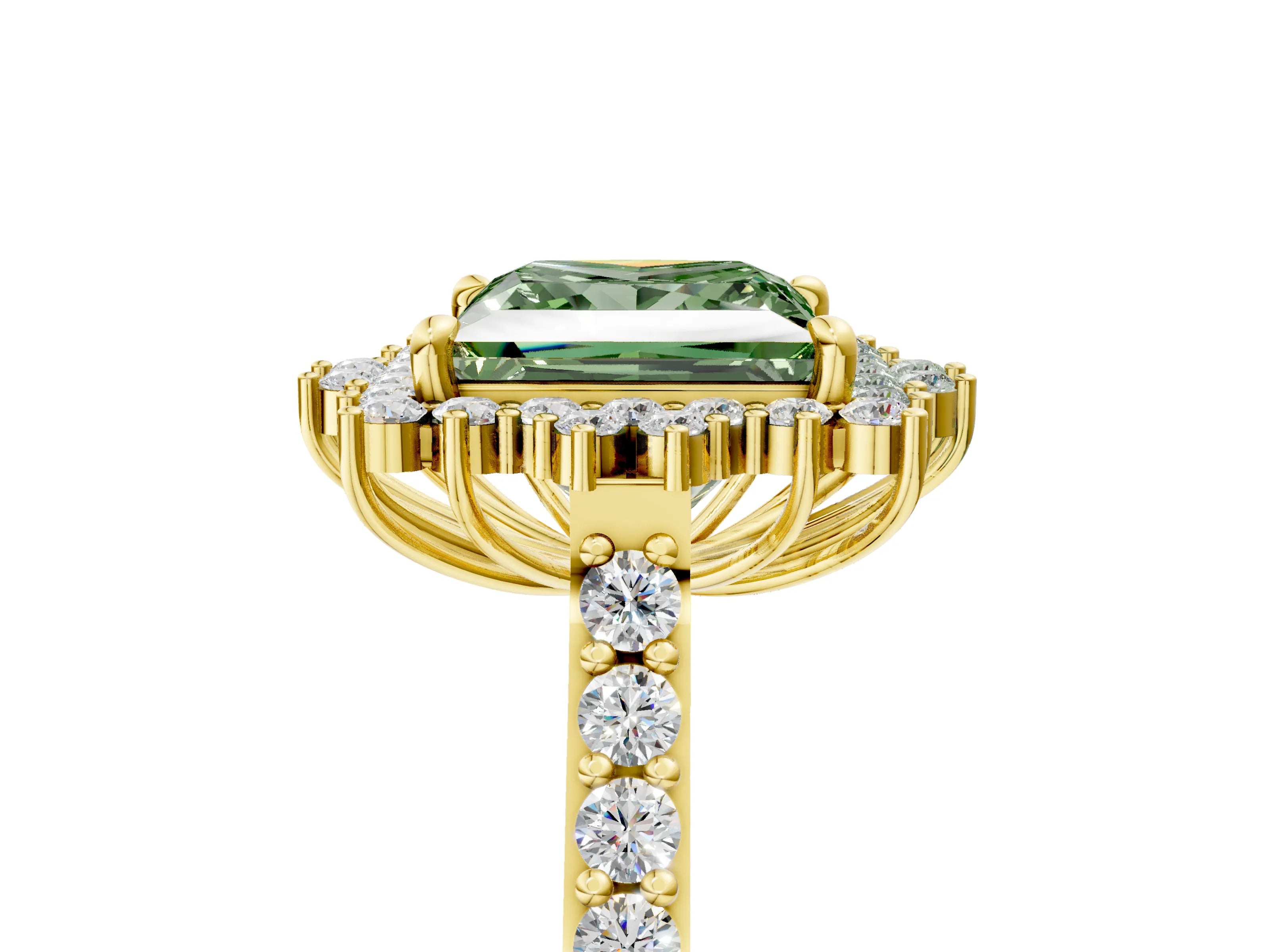 Yellow gold Fancy Green Princess Cut Cut Diamond Sunburst Halo Engagement Ring with Pavé Band_5