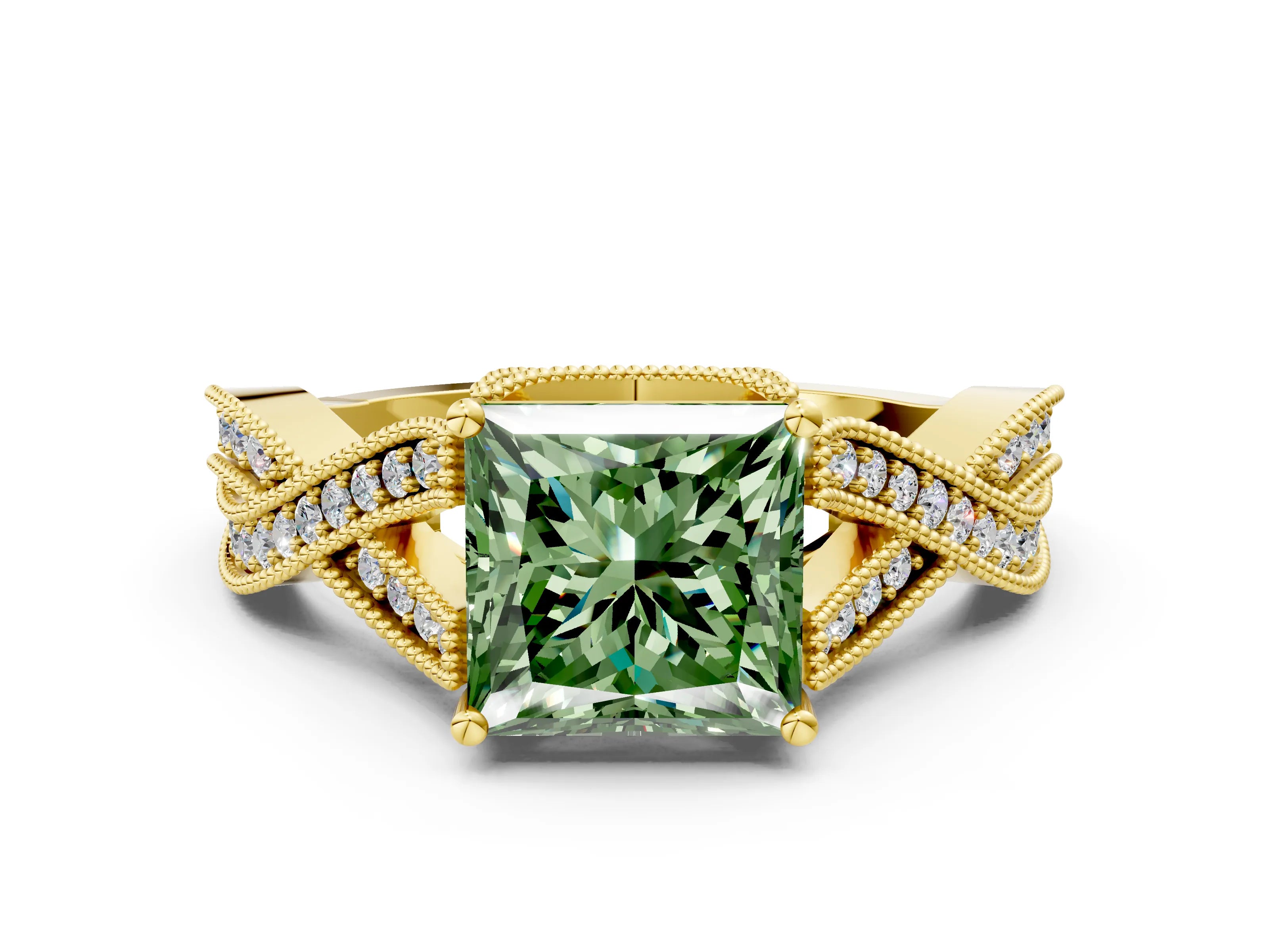 Yellow gold Fancy Green Princess Cut Cut Diamond Twisted Band with Milgrain Pave Setting and Four-Prong Setting