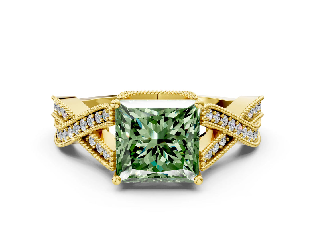 Yellow gold Fancy Green Princess Cut Cut Diamond Twisted Band with Milgrain Pave Setting and Four-Prong Setting