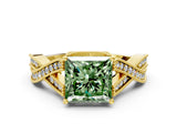 Yellow gold Fancy Green Princess Cut Cut Diamond Twisted Band with Milgrain Pave Setting and Four-Prong Setting