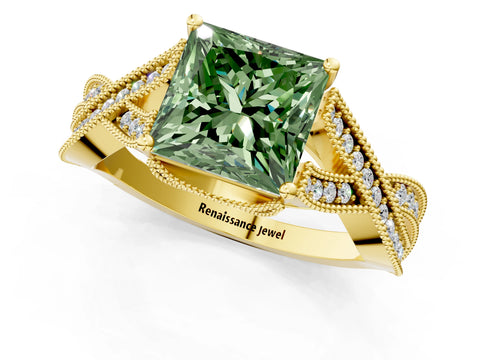 Yellow gold Fancy Green Princess Cut Cut Diamond Twisted Band with Milgrain Pave Setting and Four-Prong Setting_1