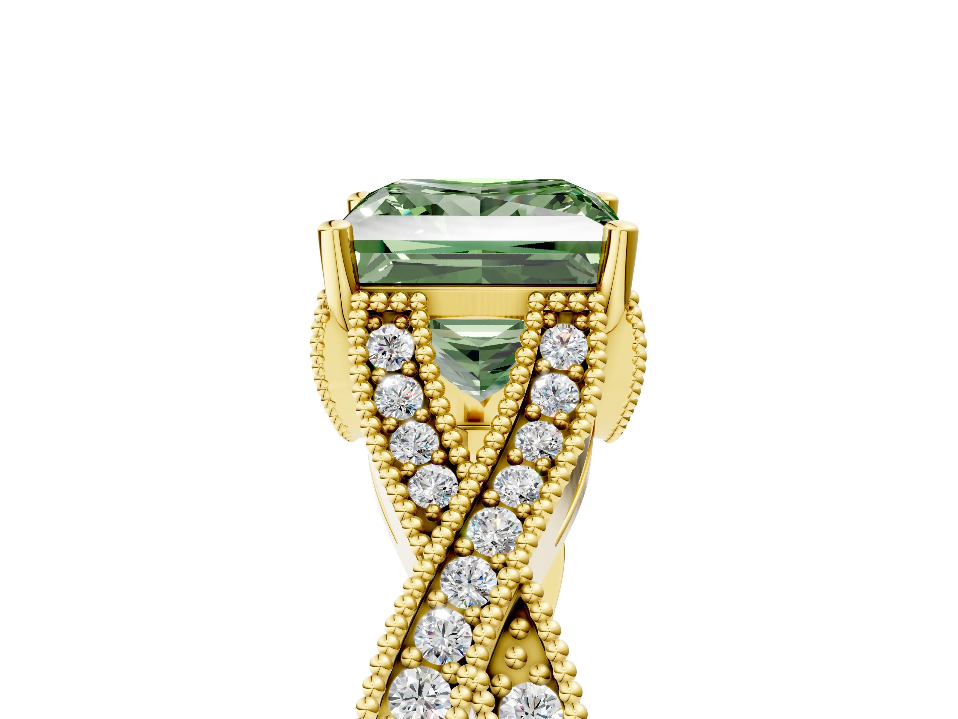 Yellow gold Fancy Green Princess Cut Cut Diamond Twisted Band with Milgrain Pave Setting and Four-Prong Setting_5