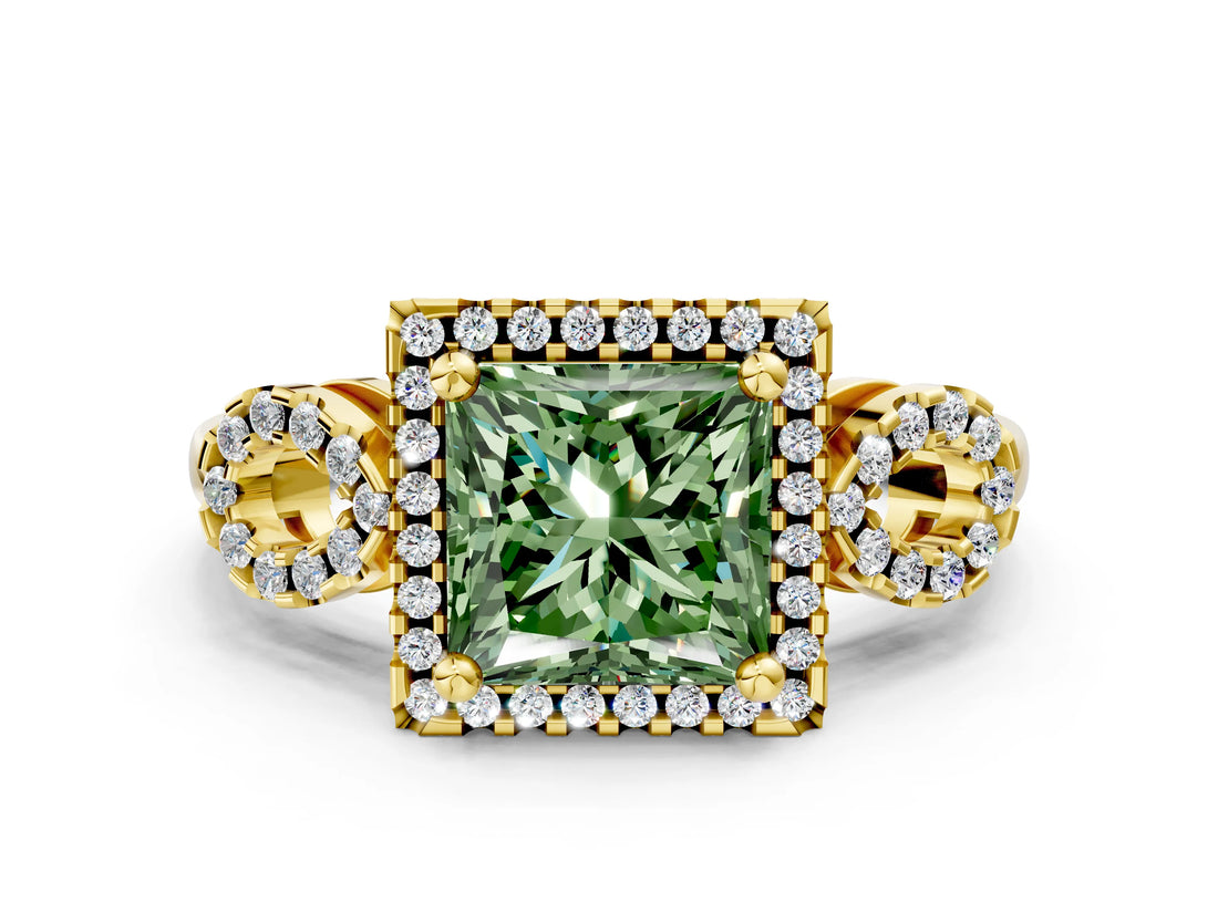 Yellow gold Fancy Green Princess Cut Cut Halo Diamond Infinity Band with Four-Prong Setting