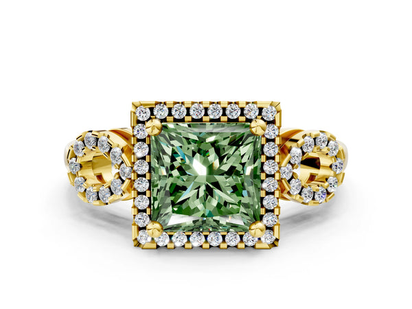Yellow Gold Princess Cut Pave Infinity Halo Engagement Ring Setting for Fancy Green Center