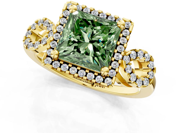 Yellow Gold Princess Cut Pave Infinity Halo Engagement Ring Setting for Fancy Green Center