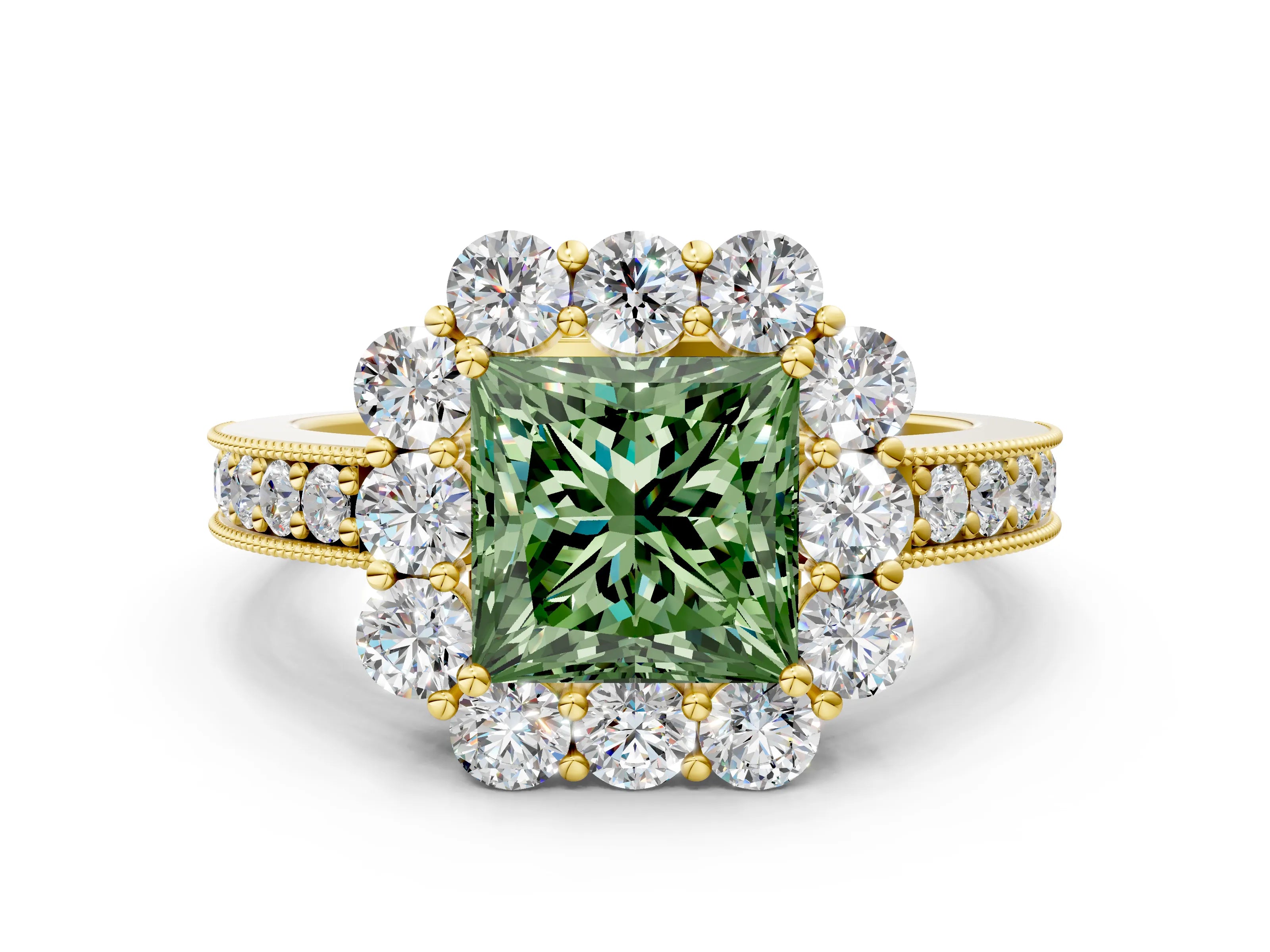 Yellow gold Fancy Green Princess Cut Cut Halo Diamond Pavé Engagement Ring with Milgrain Detailing