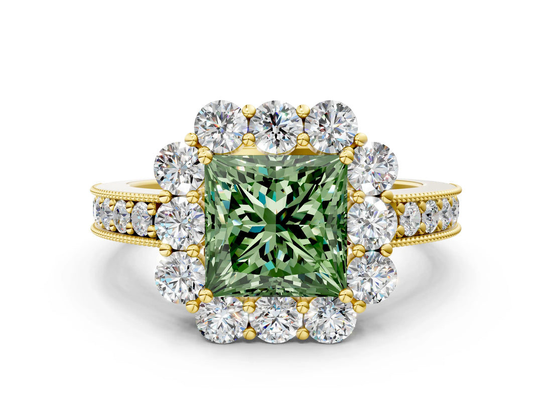 Yellow gold Fancy Green Princess Cut Cut Halo Diamond Pavé Engagement Ring with Milgrain Detailing