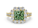 Yellow gold Fancy Green Princess Cut Cut Halo Diamond Pavé Engagement Ring with Milgrain Detailing