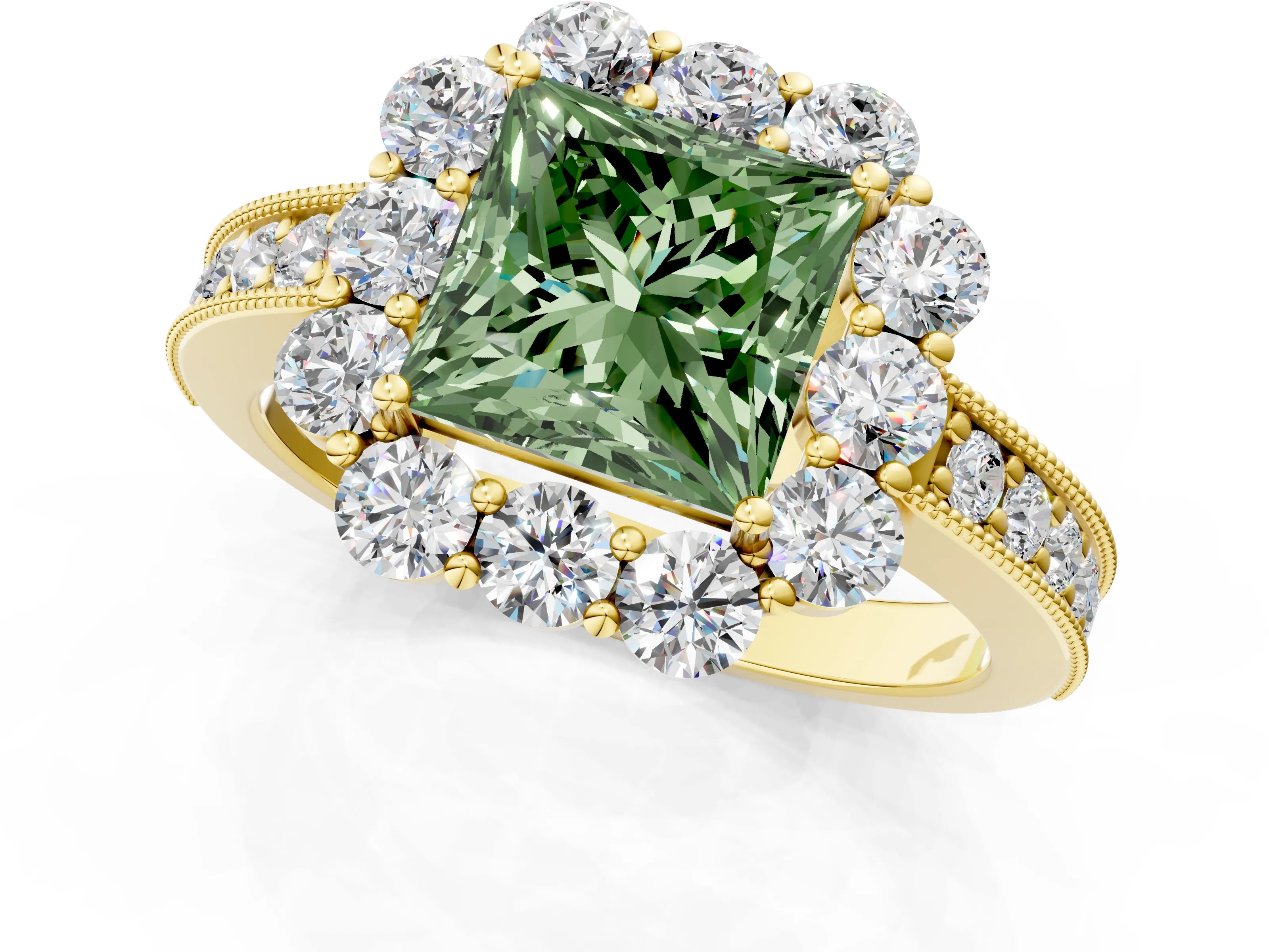 Yellow gold Fancy Green Princess Cut Cut Halo Diamond Pavé Engagement Ring with Milgrain Detailing_1