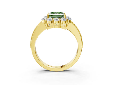 Yellow gold Fancy Green Princess Cut Cut Halo Diamond Pavé Engagement Ring with Milgrain Detailing_3