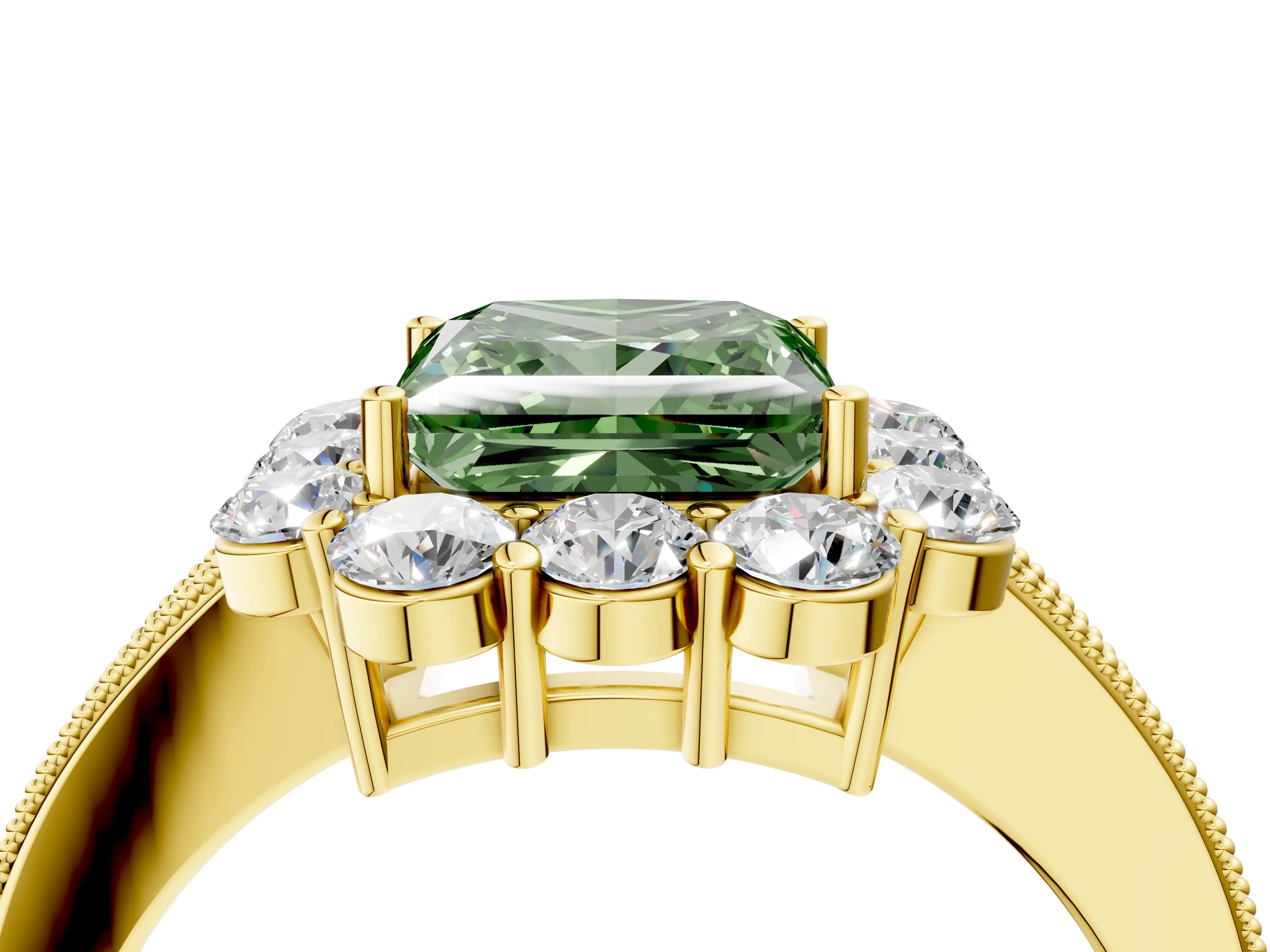 Yellow gold Fancy Green Princess Cut Cut Halo Diamond Pavé Engagement Ring with Milgrain Detailing_4