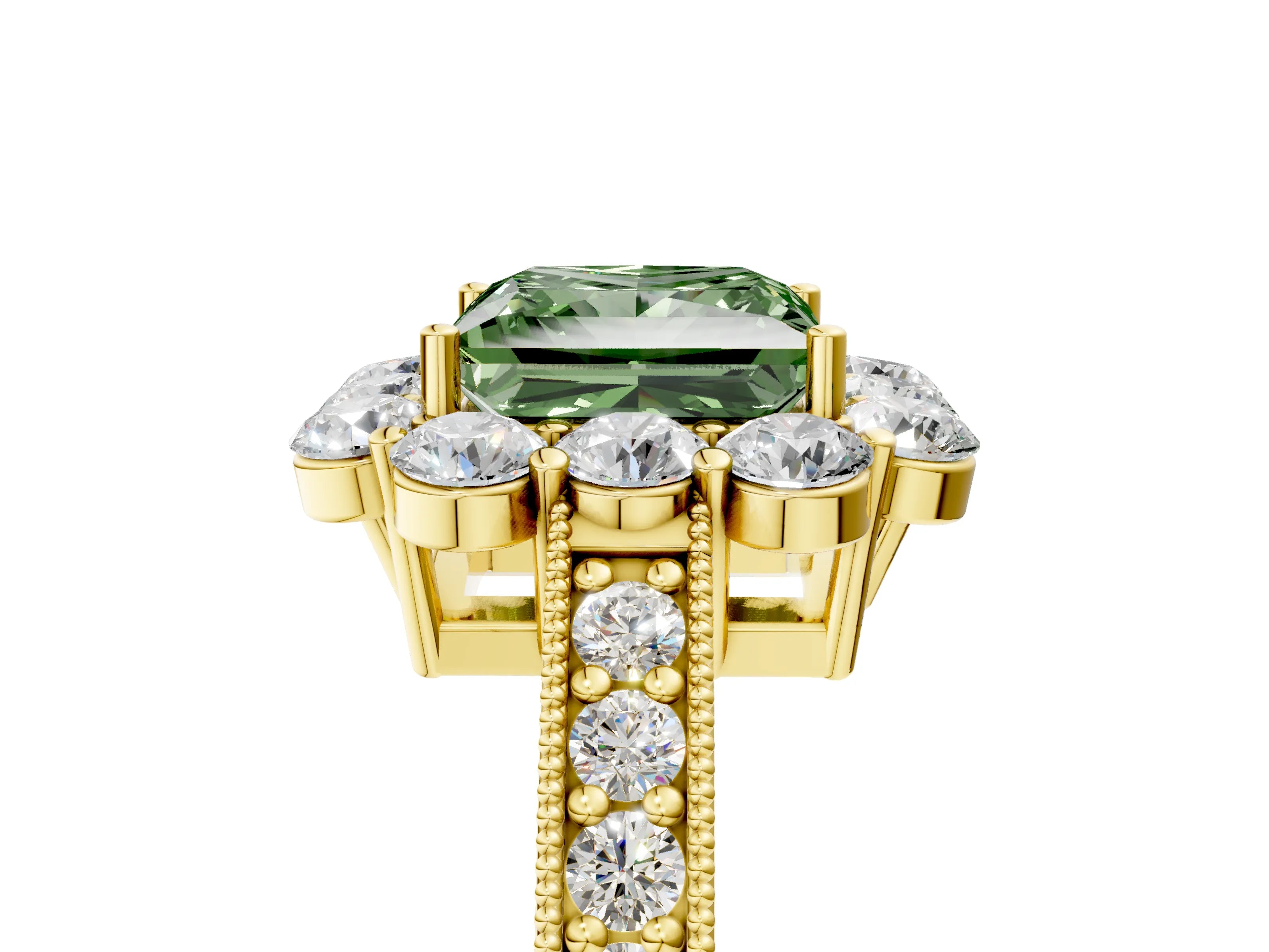 Yellow gold Fancy Green Princess Cut Cut Halo Diamond Pavé Engagement Ring with Milgrain Detailing_5