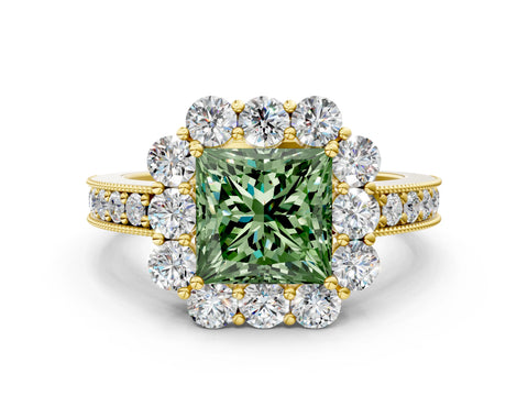 Yellow gold Fancy Green Princess Cut Cut Halo Diamond Pavé Engagement Ring with Milgrain Detailing