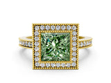 Yellow gold Fancy Green Princess Cut Cut Halo Pavé Diamond Ring