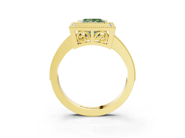 Yellow Gold Princess Cut Double Milgrain Halo Engagement Ring Setting for Fancy Green Center