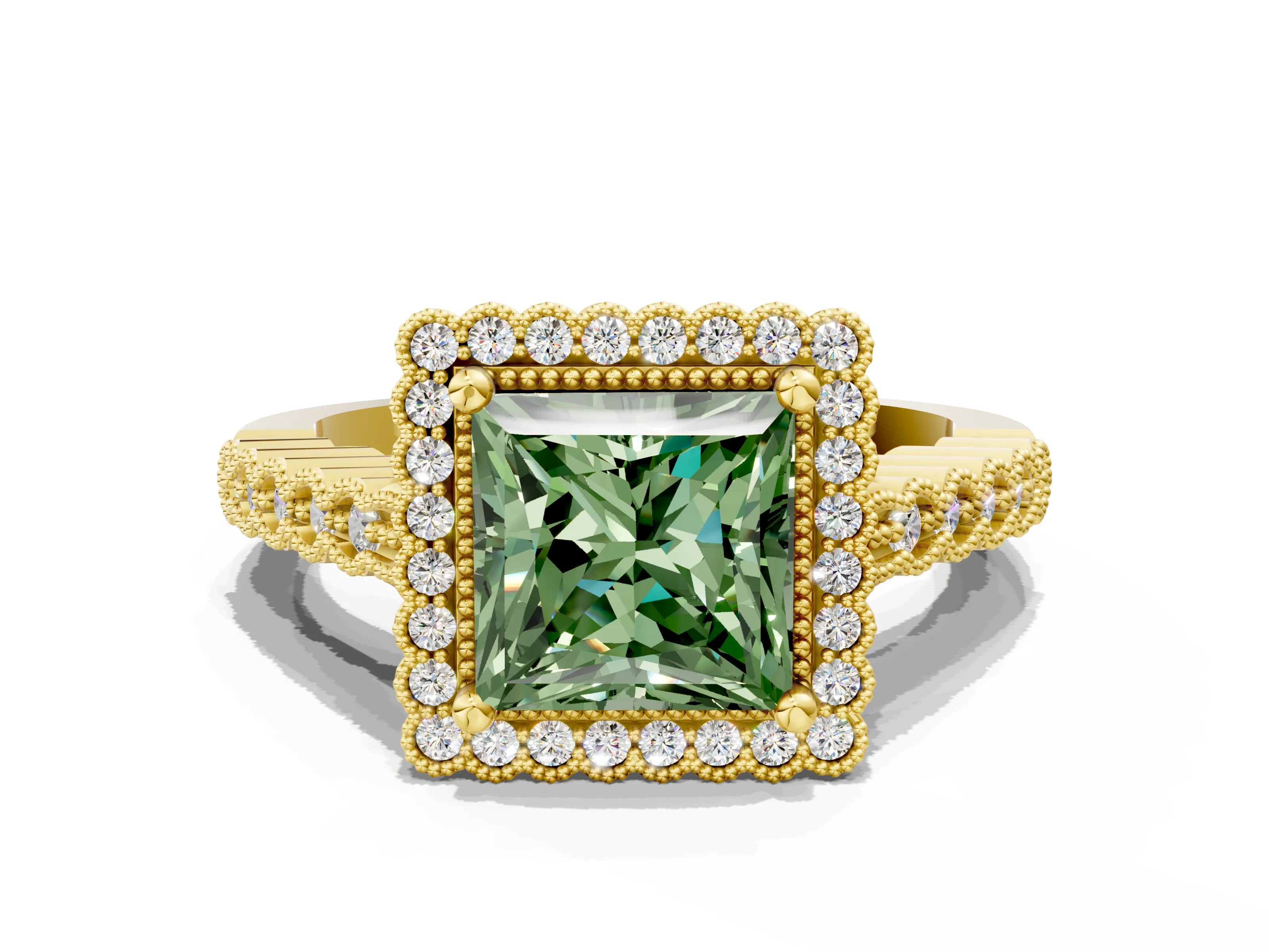 Yellow gold Fancy Green Princess Cut Cut Halo Pavé Solitaire Ring with Milgrain Band
