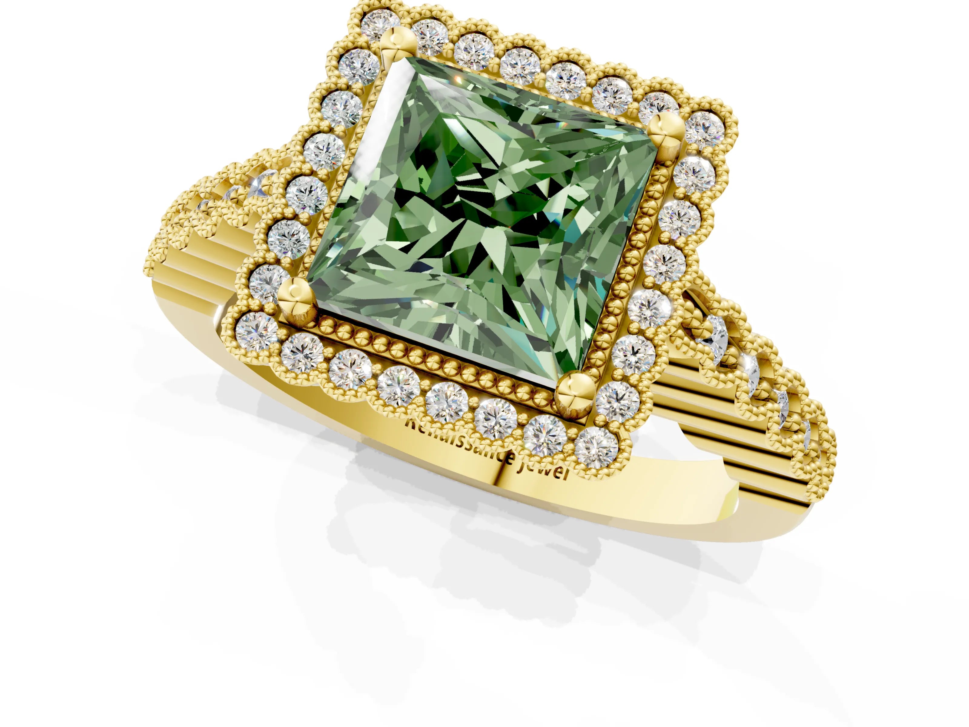 Yellow gold Fancy Green Princess Cut Cut Halo Pavé Solitaire Ring with Milgrain Band_1