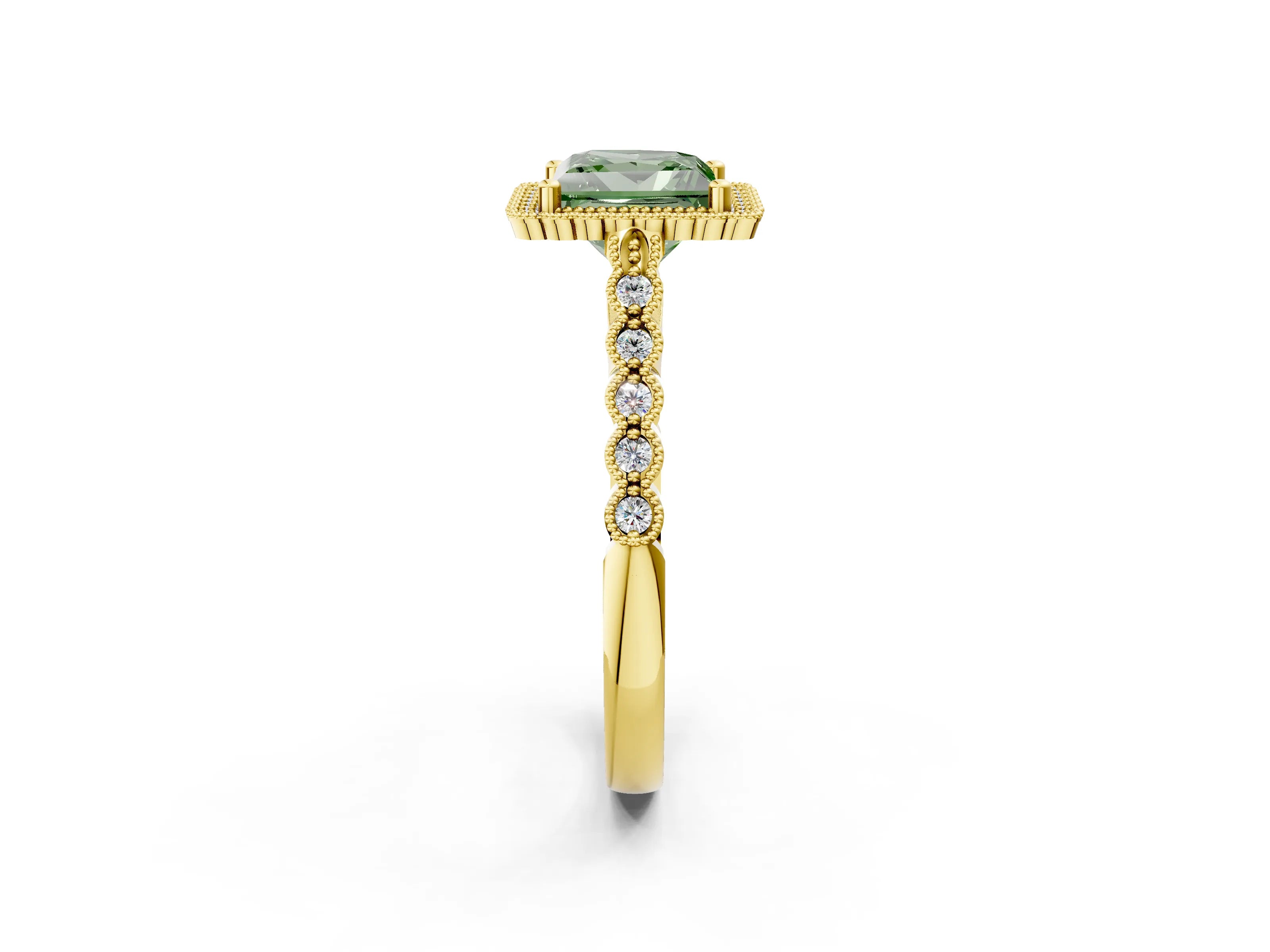 Yellow gold Fancy Green Princess Cut Cut Halo Pavé Solitaire Ring with Milgrain Band_2