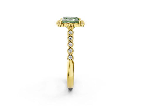 Yellow gold Fancy Green Princess Cut Cut Halo Pavé Solitaire Ring with Milgrain Band_2