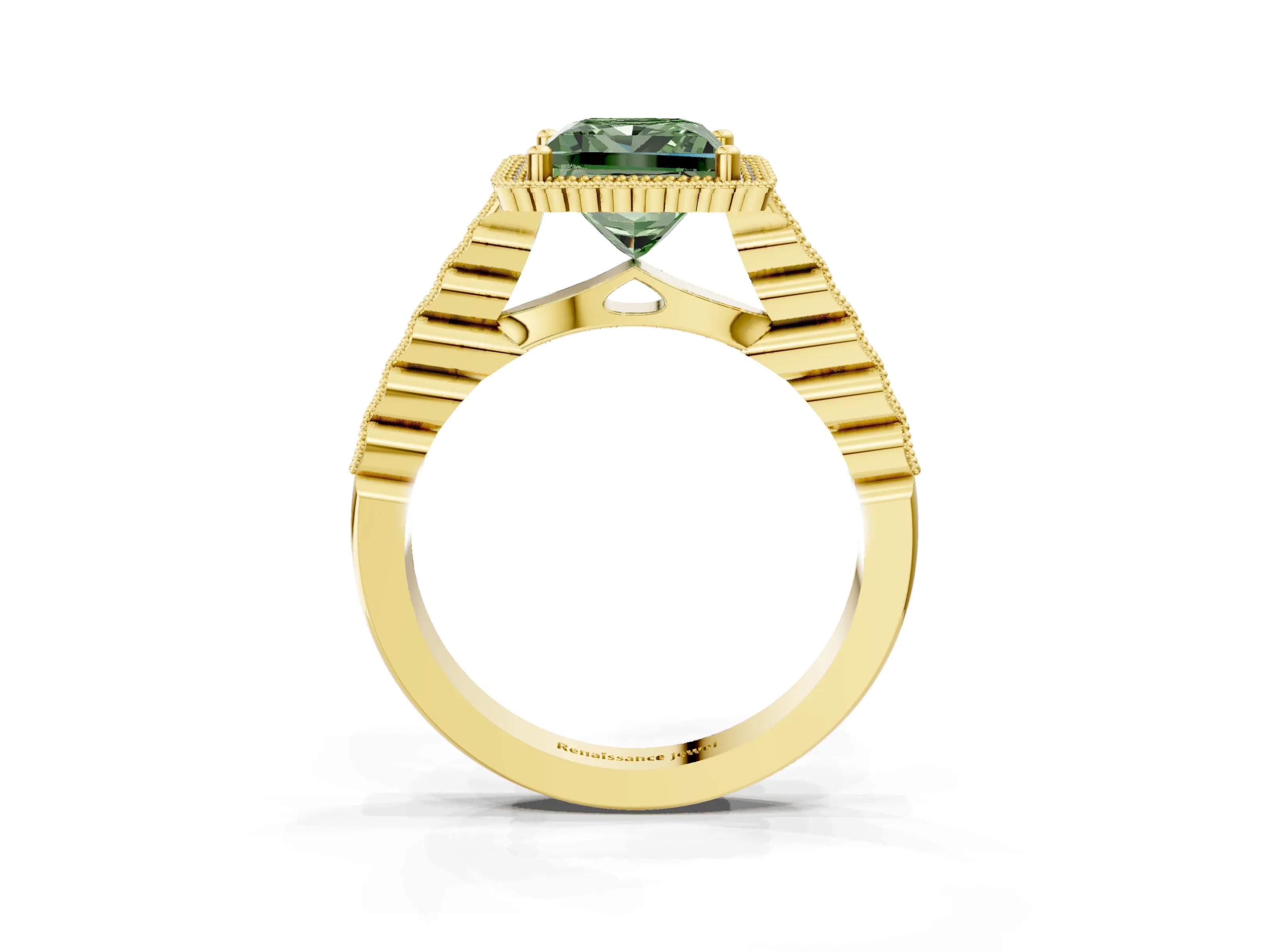 Yellow gold Fancy Green Princess Cut Cut Halo Pavé Solitaire Ring with Milgrain Band_3