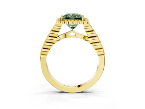 Yellow gold Fancy Green Princess Cut Cut Halo Pavé Solitaire Ring with Milgrain Band_3