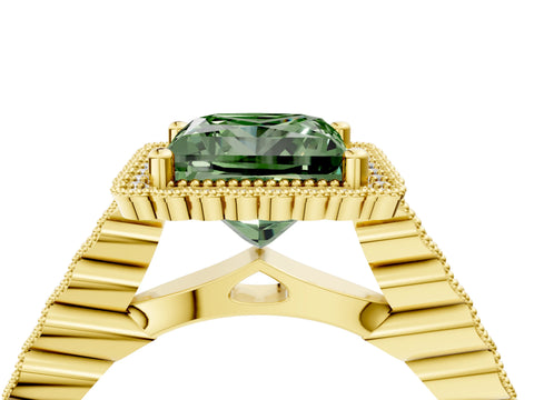 Yellow gold Fancy Green Princess Cut Cut Halo Pavé Solitaire Ring with Milgrain Band_4