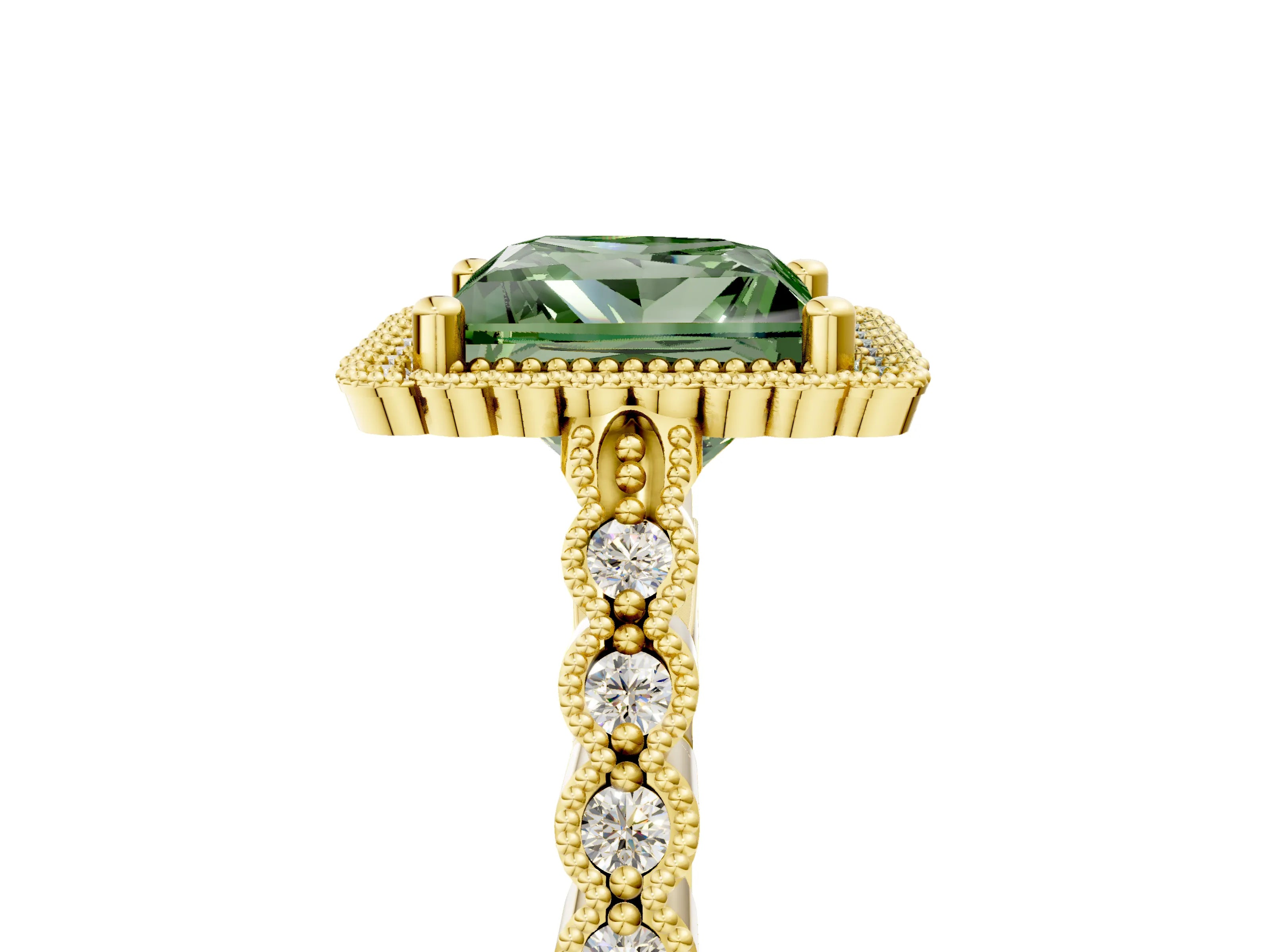 Yellow gold Fancy Green Princess Cut Cut Halo Pavé Solitaire Ring with Milgrain Band_5