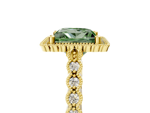 Yellow gold Fancy Green Princess Cut Cut Halo Pavé Solitaire Ring with Milgrain Band_5