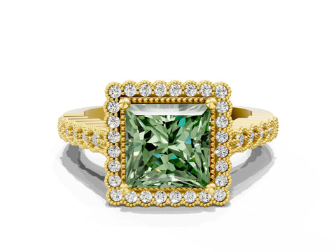 Yellow gold Fancy Green Princess Cut Cut Halo Pavé Solitaire Ring with Milgrain Band