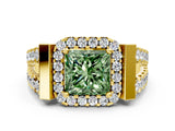 Yellow gold Fancy Green Princess Cut Cut Halo Split Shank Prong Set Ring