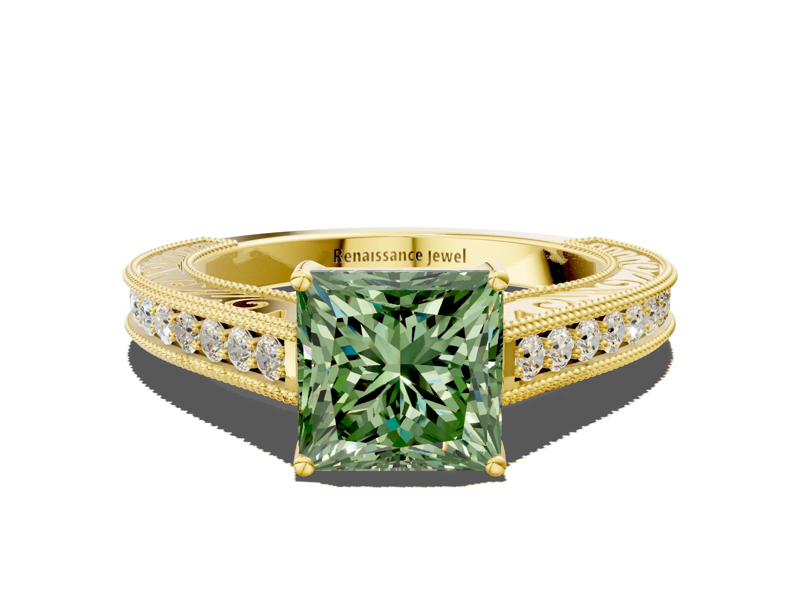 Yellow gold Fancy Green Princess Cut Cut Pave Band Milgrain Solitaire Ring