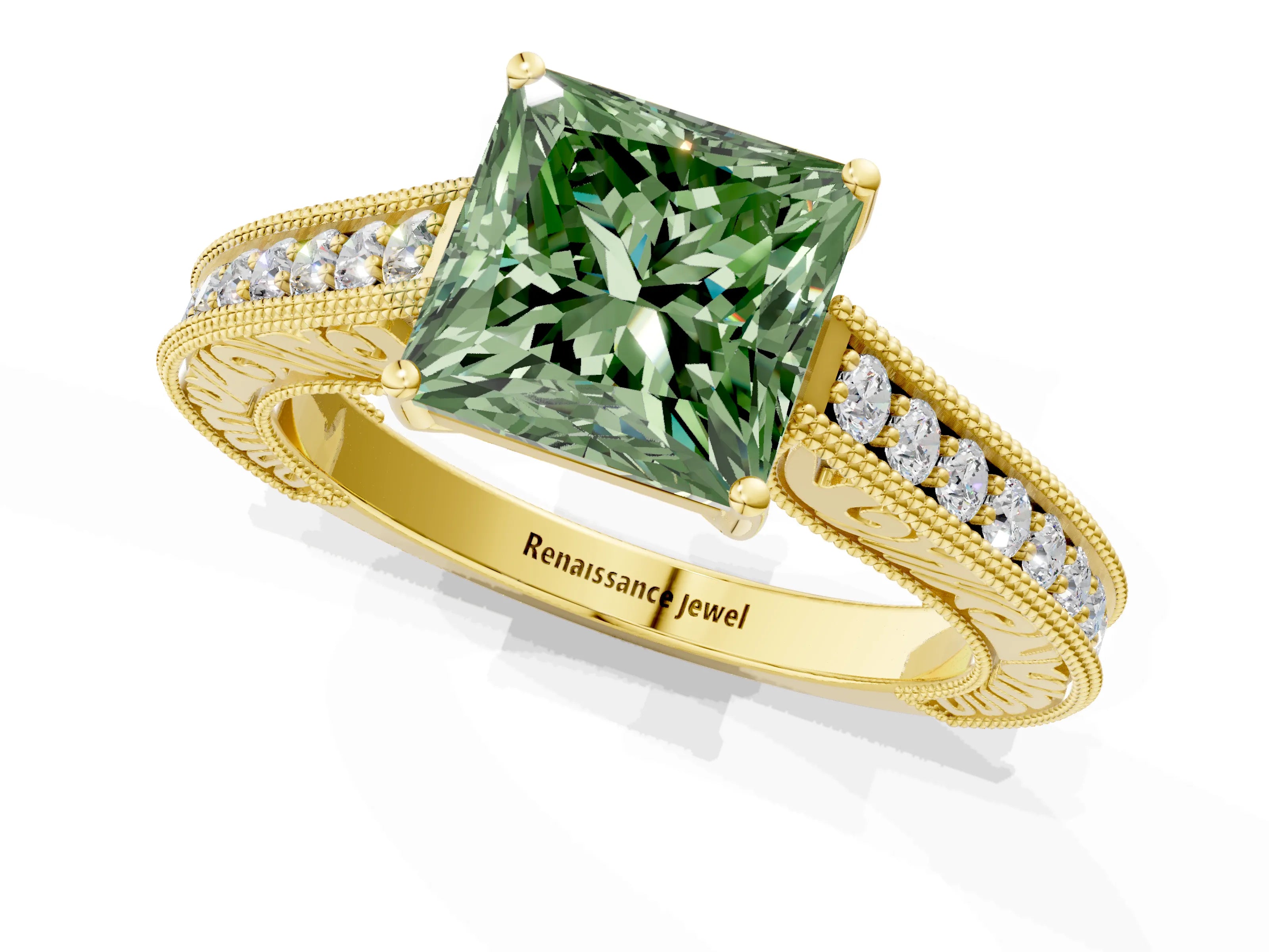 Yellow gold Fancy Green Princess Cut Cut Pave Band Milgrain Solitaire Ring_1