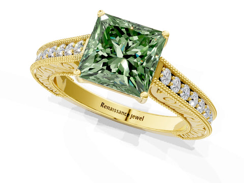 Yellow gold Fancy Green Princess Cut Cut Pave Band Milgrain Solitaire Ring_1