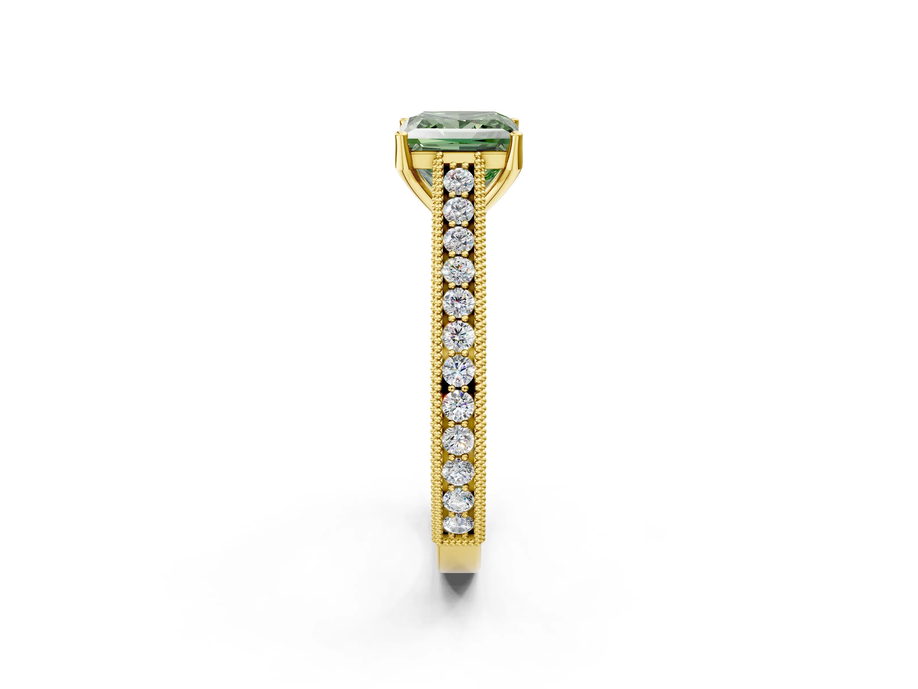 Yellow gold Fancy Green Princess Cut Cut Pave Band Milgrain Solitaire Ring_2