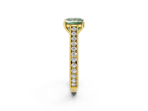 Yellow gold Fancy Green Princess Cut Cut Pave Band Milgrain Solitaire Ring_2
