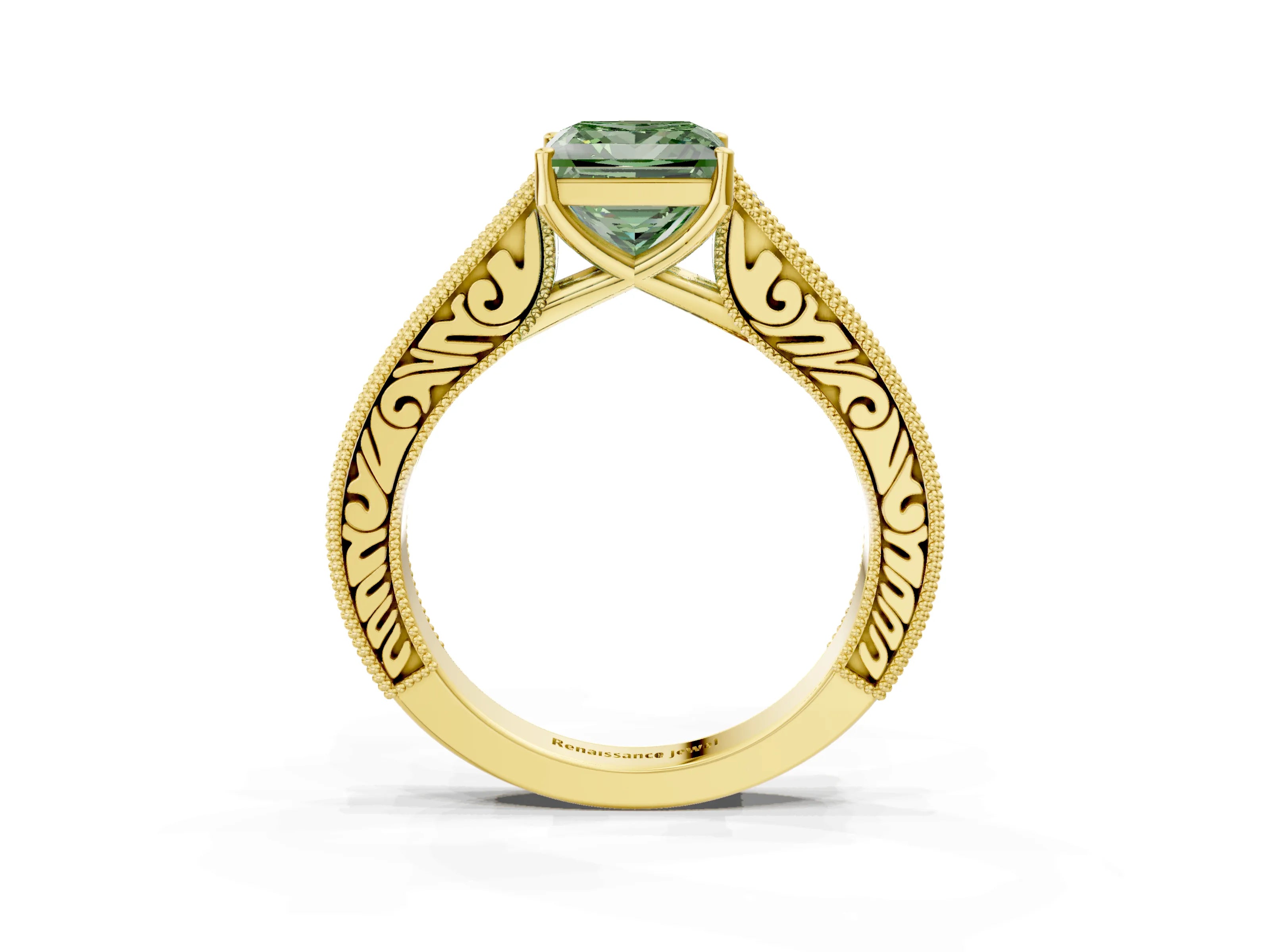 Yellow gold Fancy Green Princess Cut Cut Pave Band Milgrain Solitaire Ring_3