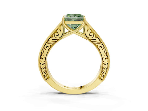 Yellow gold Fancy Green Princess Cut Cut Pave Band Milgrain Solitaire Ring_3