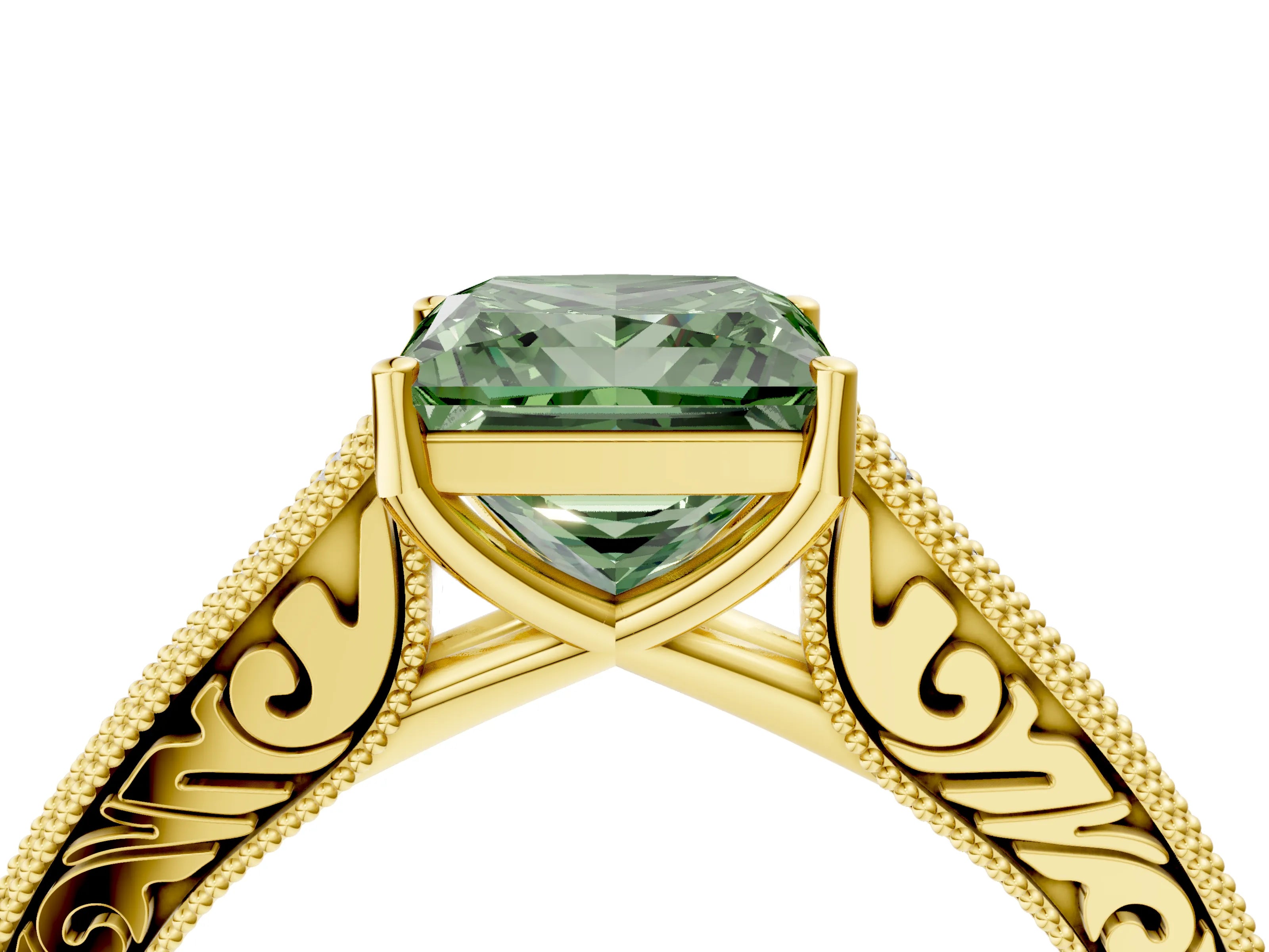 Yellow gold Fancy Green Princess Cut Cut Pave Band Milgrain Solitaire Ring_4
