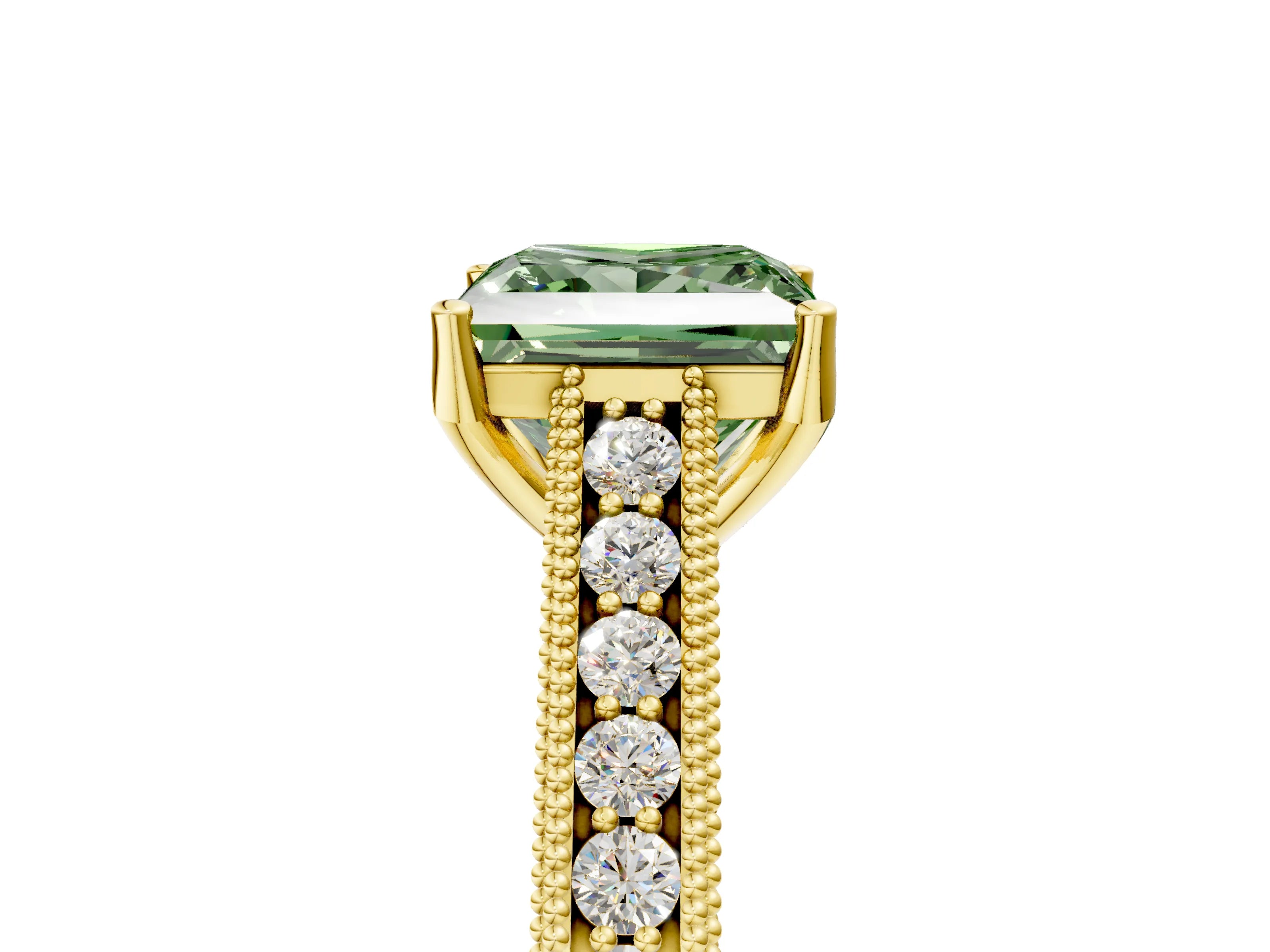 Yellow gold Fancy Green Princess Cut Cut Pave Band Milgrain Solitaire Ring_5