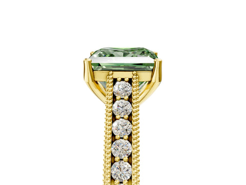 Yellow gold Fancy Green Princess Cut Cut Pave Band Milgrain Solitaire Ring_5