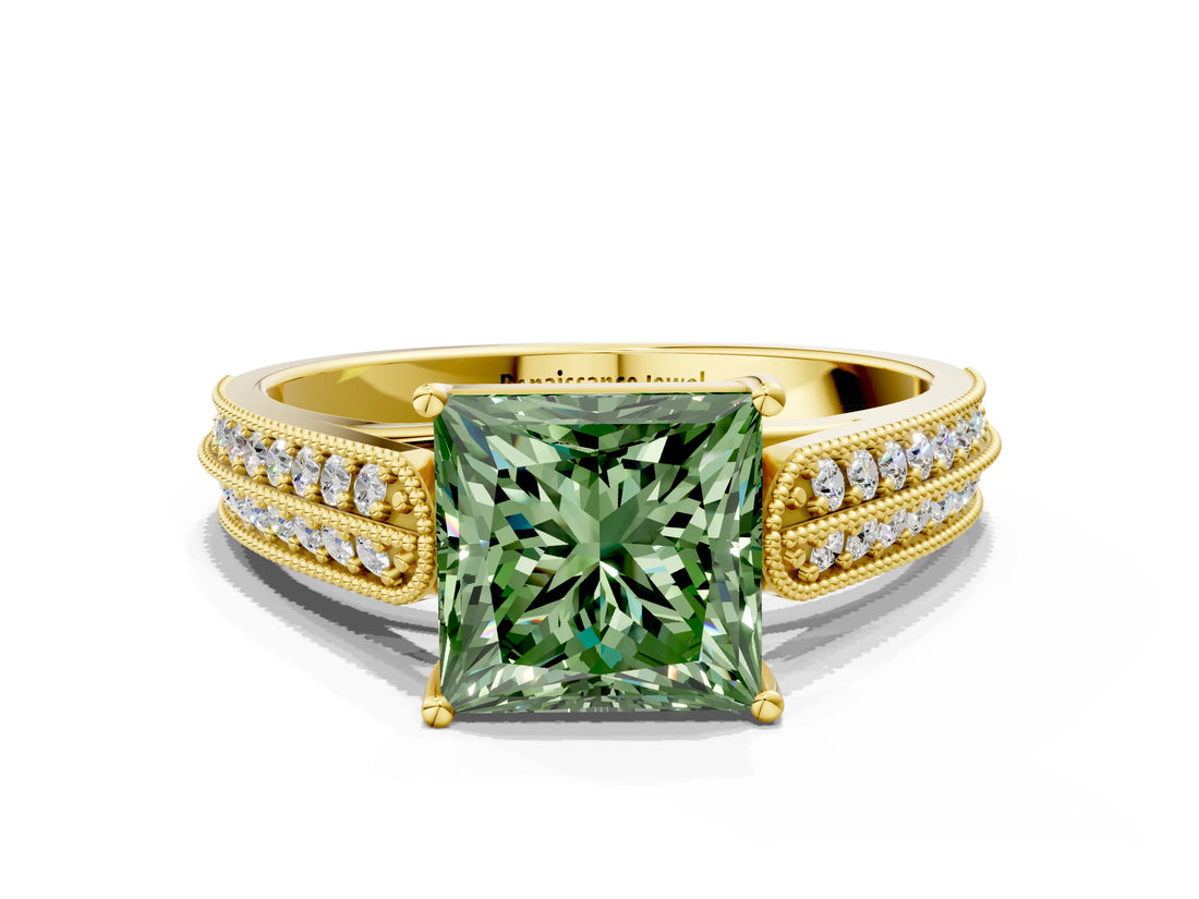 Yellow gold Fancy Green Princess Cut Cut Pave Split Shank Engagement Ring with Four-Prong Setting