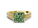 Yellow gold Fancy Green Princess Cut Cut Pave Split Shank Engagement Ring with Four-Prong Setting